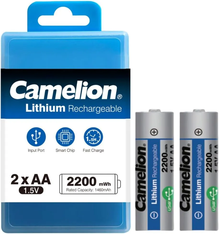 Camelion Rechargeable Lithium AA Batteries 1.5V Li-AA2200mWh – High Performance with Type-C Fast Charging (Pack of 2)